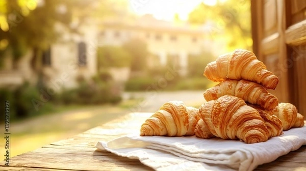 Fototapeta Iluminação cinematográfica dourada, mesa de madeira rústica e croissants com uma vila italiana criada com a tecnologia Generative AI