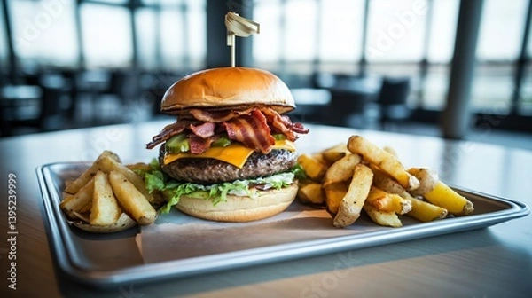 Fototapeta Suculento hambúrguer de bacon e cheddar e fatias crocantes em uma bandeja de fast food com iluminação suave criada com a tecnologia Generative AI
