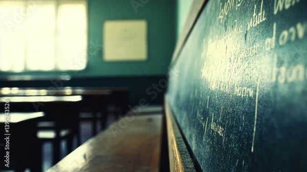 Fototapeta A vintage classroom with wooden desks and a chalkboard, exuding nostalgia and scholarly atmosphere of bygone days.