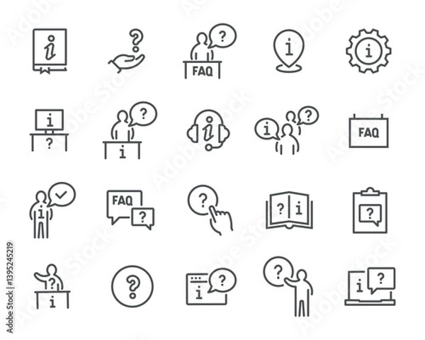Fototapeta Icon Set "FAQ  Support": question mark, person with hint, info in gear, icons for use.