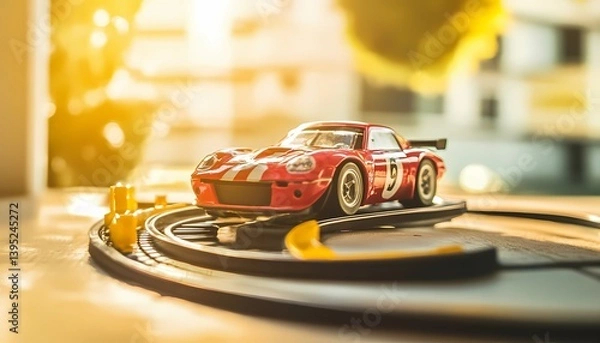 Obraz A vibrant red race car, number 9, speeding around a miniature track bathed in warm sunlight, a thrilling moment of playful competition captured in detail.