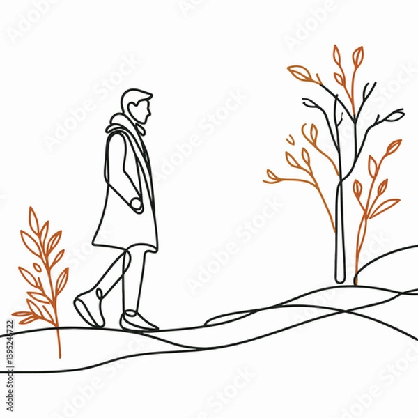 Fototapeta Contemplative Walk One Line Art of a Figure Strolling Through Nature