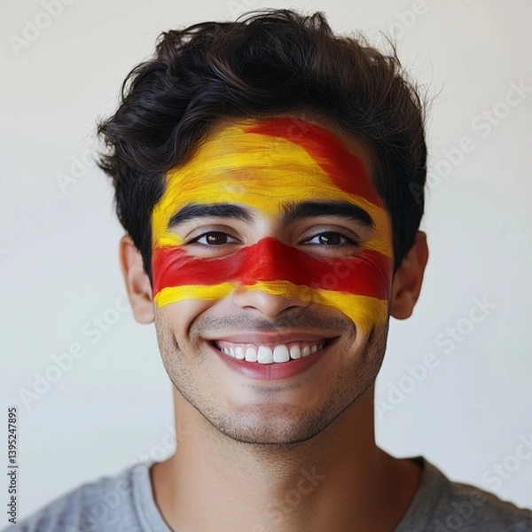 Fototapeta Portrait of a smiling Spanish man with face painted in red and yellow colors of Spain national flag on white background