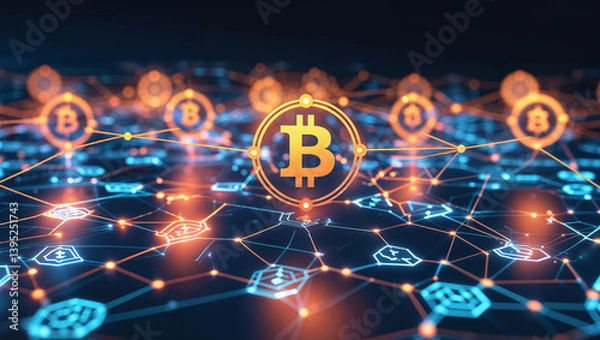 Fototapeta Bitcoin Cryptocurrency Network Digital Blockchain Technology Connection Abstract Illustration