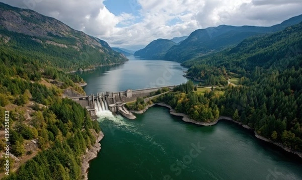Fototapeta Hydroelectric dam amidst mountains and forests, clean energy source