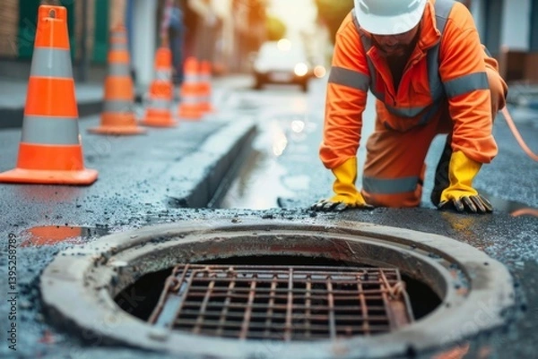 Fototapeta Worker over the open sewer hatch on a street near the traffic cones