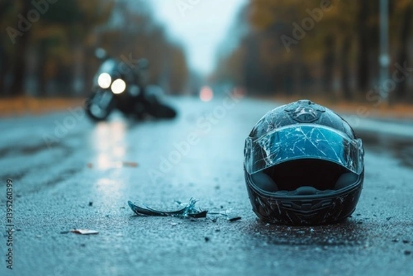 Obraz Cracked motorcycle helmet lying on wet asphalt with fallen motorcycle in background, suggesting a road accident