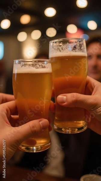 Obraz Cheers to friendship and celebration with two glasses of golden beer clinking together in lively atmosphere