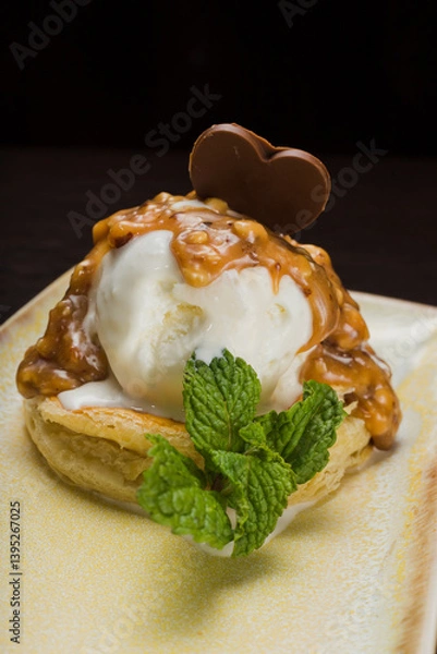 Fototapeta Dessert with puff pastry and ice cream drizzled with caramel on a plate