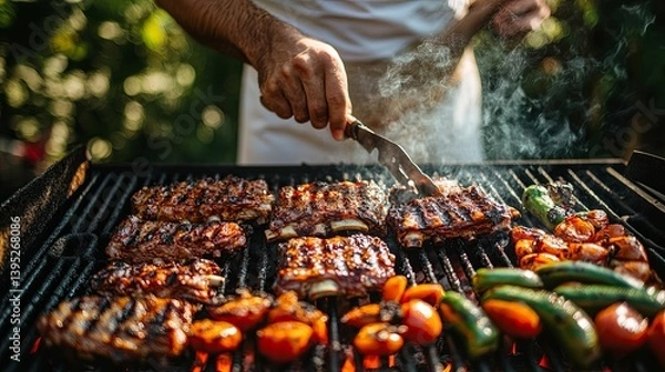 Obraz A person is grilling ribs and vegetables outdoors on a barbecue