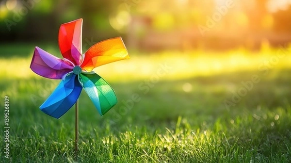 Obraz A vibrant rainbow pinwheel spins gently, symbolizing joy and imagination on International Children's Day.
