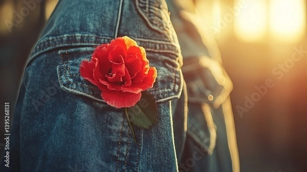 Obraz A red carnation on a worker's jacket, symbolizing labor pride and solidarity in a warm, industrial setting.