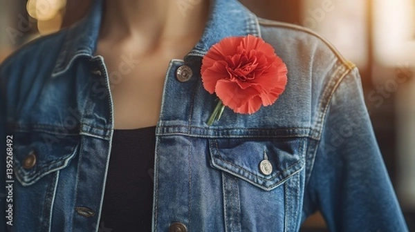 Obraz A red carnation on a worker's jacket symbolizes labor pride and resilience, set against a warm industrial backdrop.