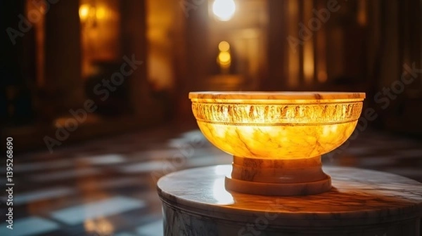 Obraz Glowing ancient artifact on marble pedestal, intricate details in soft light, timeless elegance in museum setting.