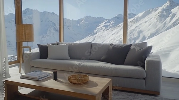 Obraz Minimalist living room with gray sofa, wooden coffee table, and rattan lamp, embodying modern simplicity and natural elegance.
