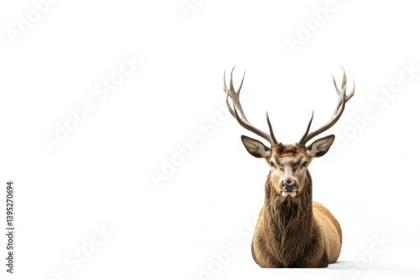 Fototapeta Resting Stag Portrait with Large Antlers Isolated on White Background