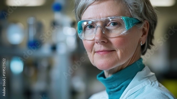 Obraz Scientist in protective gear, focused expression, soft light, blurred lab background; dedication to scientific discovery in action.