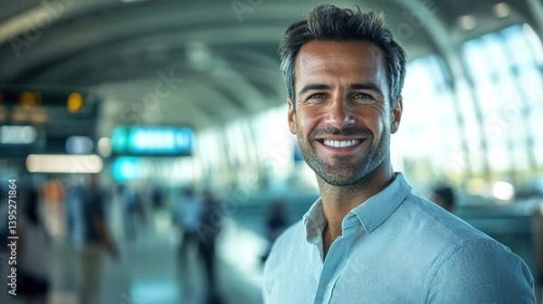 Obraz Confident man smiling in airport, exuding positivity and readiness for travel.