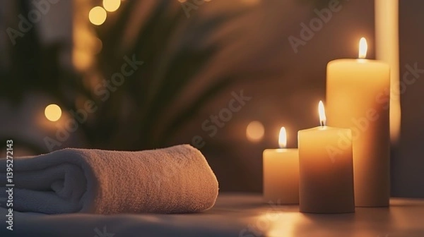 Obraz Spa room with candles and warm light, creating a serene and relaxing atmosphere.