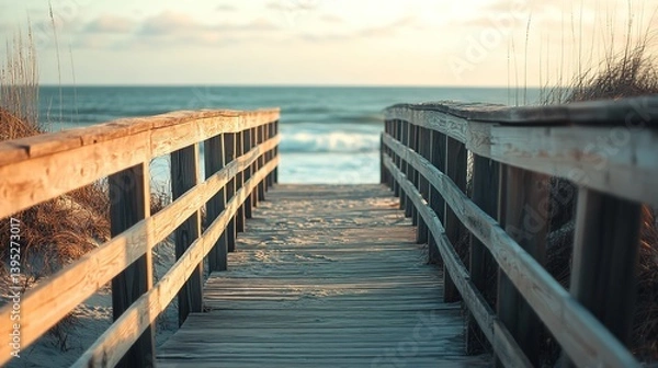 Obraz Wooden pier extending into calm waters, bathed in natural light, evoking tranquility and timeless serenity.