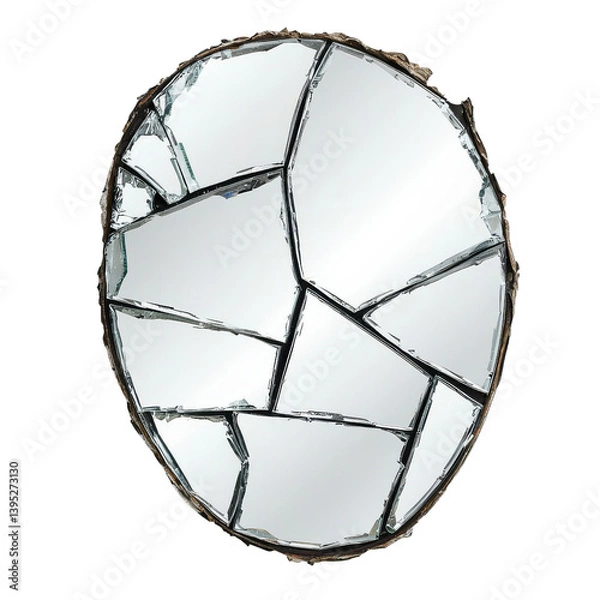Obraz Shattered Reflection: A unique, abstract mirror composed of fragmented pieces, framed by a rustic, textured border, offers a captivating display of shattered artistry.