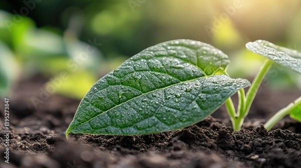 Obraz Vibrant green leaf with dewdrops on fresh soil, symbolizing nature's resilience and beauty.