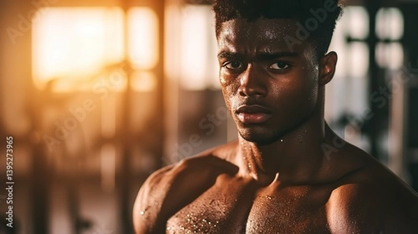 Obraz Young black athlete in focus, side-lit intensity, blurred gym backdrop, strength and determination in motion.