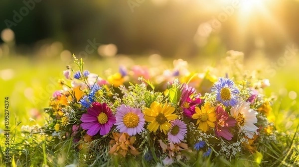 Obraz Vibrant flower crown with spring blossoms, symbolizing youth and renewal in a warm, uplifting moment.