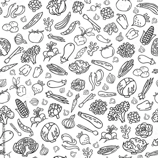 Obraz Hand drawn vegetables vector seamless pattern in line style