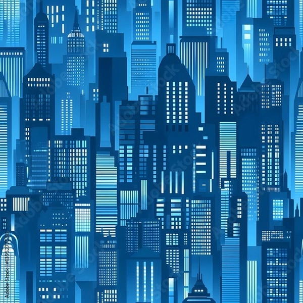 Fototapeta A seamless pattern of a futuristic city skyline at night featu a repeating design of illuminated skyscrapers and buildings in varying heights and architectural styles creating