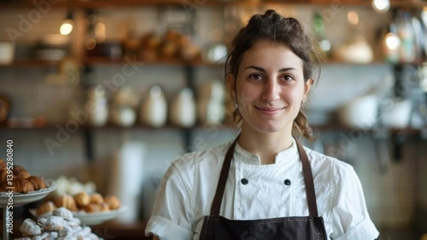 Fototapeta Portrait of the owner of a small business baking croissants and other desserts	
