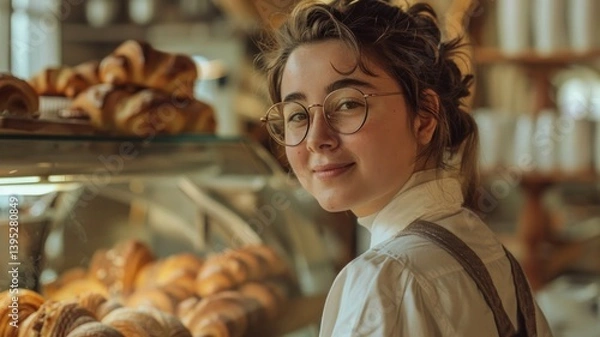 Fototapeta Portrait of the owner of a small business baking croissants and other desserts	