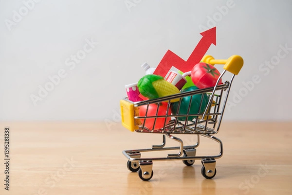 Obraz Red arrow growth chart, food, drinks, vegetables, fruits in supermarket trolley. Rising cost of living, food price increase, inflation crisis, war effect to global economic, US tariffs effect concept.