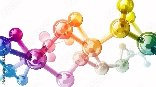 Fototapeta Colorful biochemical reaction of ATP energy release a molecular simulation on a clean white background
