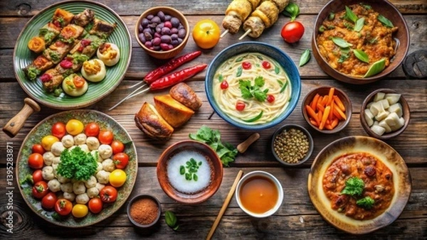 Fototapeta A Rustic Tabletop Featuring an Array of Diverse Cuisines, Including Noodles, Stews, and Savory Appetizers, Presented on Earthy-Toned Dishes