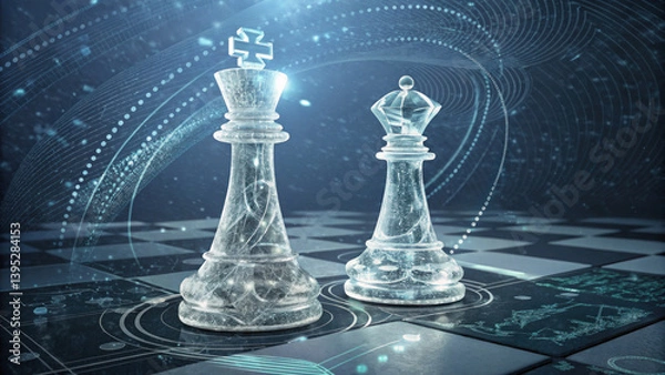 Fototapeta futuristic chess concept featuring transparent glass king and queen pieces on digital chessboard, surrounded by glowing abstract lines