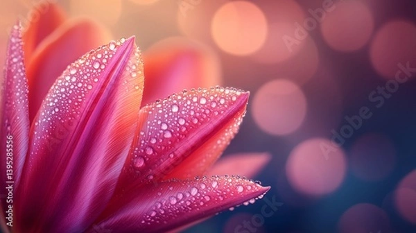 Fototapeta 
An enchanting artistic photograph of morning dew delicately resting on vibrant tulip petals, tiny droplets forming intricate patterns, radiant sunlight,exquisite depth of field