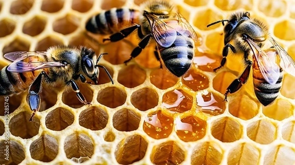 Fototapeta close-up of a honeycomb filled with honey, illustrating the economic value of bees in producing honey and supporting food industries. [Bees]: [Importance to the Economy] honeycomb, honey production, 
