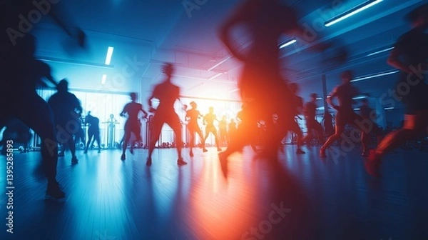 Fototapeta Energetic blurred group of people working out in a gym setting