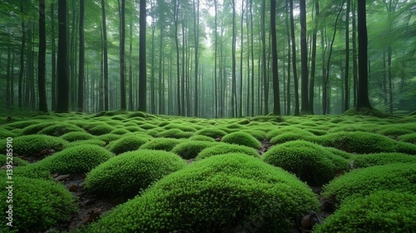 Fototapeta A magical forest covered with soft, lush green moss mounds under tall trees. Gentle sunlight filters through the mist, creating a peaceful and enchanting natural landscape ideal for nature lovers and 