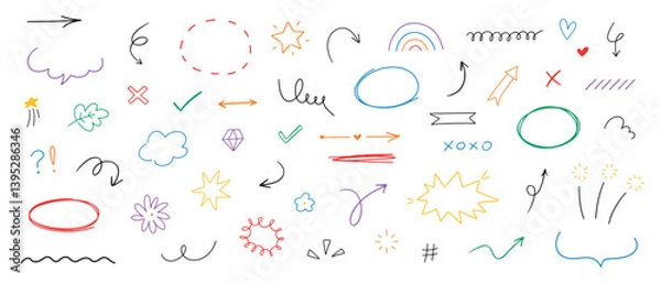 Fototapeta Hand drawn different line elements. Doodle sketch style arrows, scribbles, stars, speech bubbles and underlines. Vector grunge colored element set.