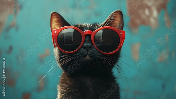 Fototapeta Close up portrait of a beautiful black cat with red sunglasses