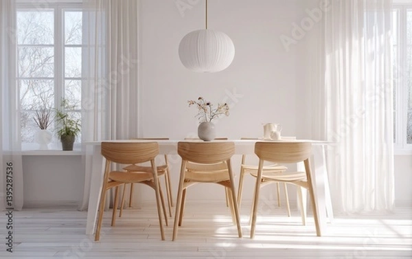 Fototapeta Minimalist Scandinavian dining room with white table, wooden chairs, pendant light, clean space, soft morning light