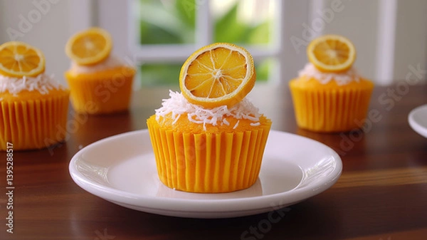Fototapeta Delicious mini citrus cakes topped with coconut and lemon slices, perfect for any occasion