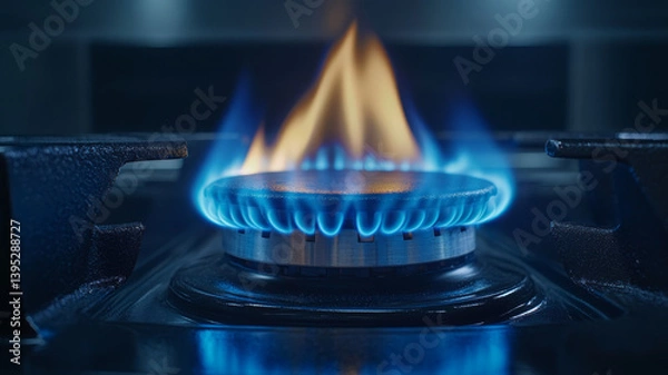Fototapeta close up view of blue gas flame ignited on stove, creating warm ambiance