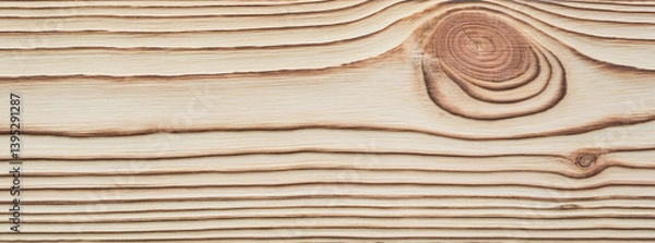Fototapeta Scorched wooden plank with natural knot and burned grain texture. Horizontal close-up of charred wood surface. Decorative background.