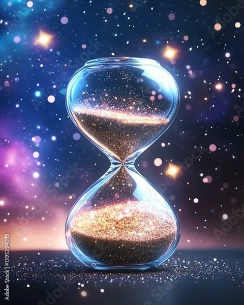 Fototapeta An artistic hourglass filled with sparkles set against a cosmic background, symbolizing the passage of time and dreams.