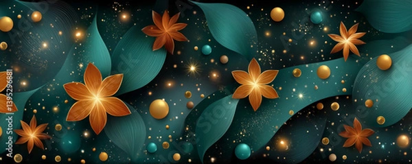 Fototapeta Elegant floral ornament on a dark green background with golden swirls. Modern geometric pattern for walls and wallpaper.