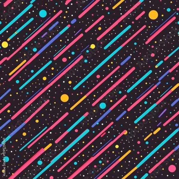 Fototapeta Vibrant 80s retro style seamless pattern background texture featu diagonal lines, colorful dots, and a dynamic geometric design ideal for wallpapers and textile prints.