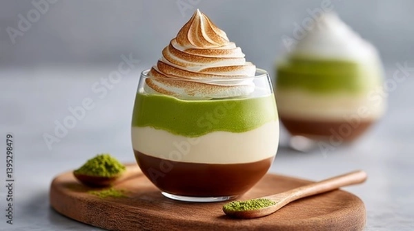 Fototapeta Dessert with a green topping is served in a glass. The dessert is topped with a green powder, which is likely matcha. The dessert is served on a wooden board with a spoon next to it
